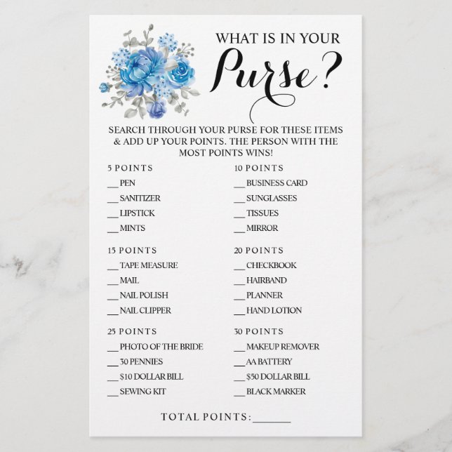 Blue Flower What is in your Purse Shower Game Card Flyer (Front)