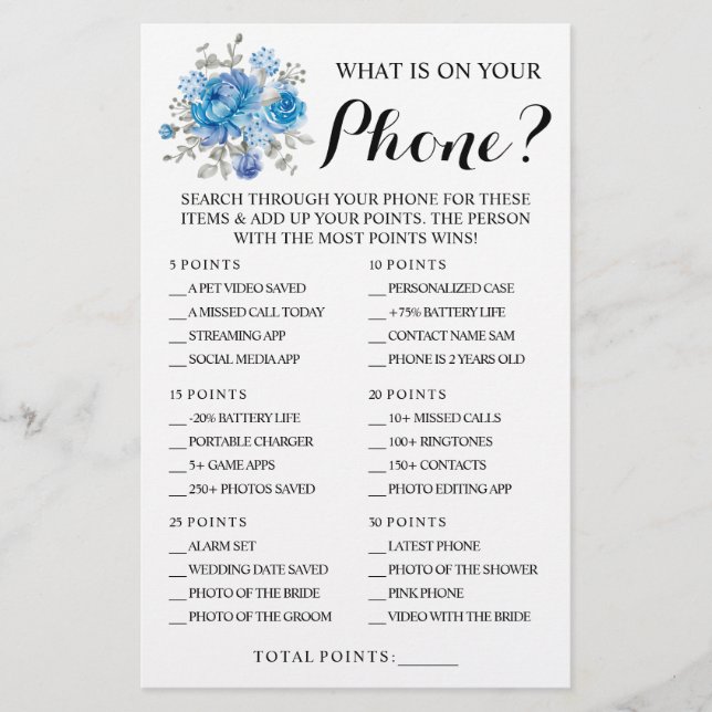 Blue flower What is on your Phone Shower Game Card Flyer (Front)