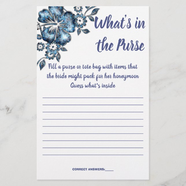 BLUE FLOWER WHAT'S IN THE PURSE SHOWER GAME CARD FLYER (Front)