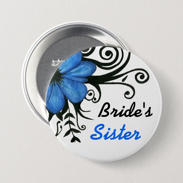 Blue Flower with Black Leaves & Swirls  Pinback Button (Front & Back)