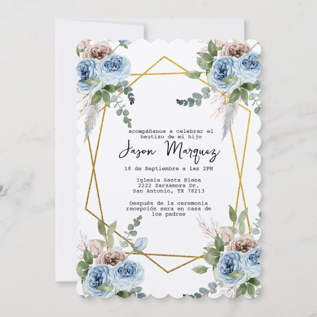 blue flower with gold frame baptism invitation  (Front)