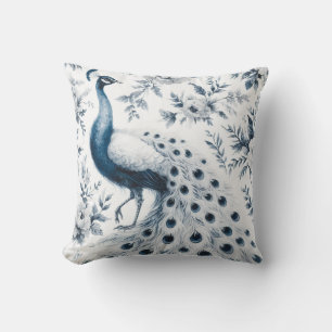 Blue flower with peacock pattern throw pillow