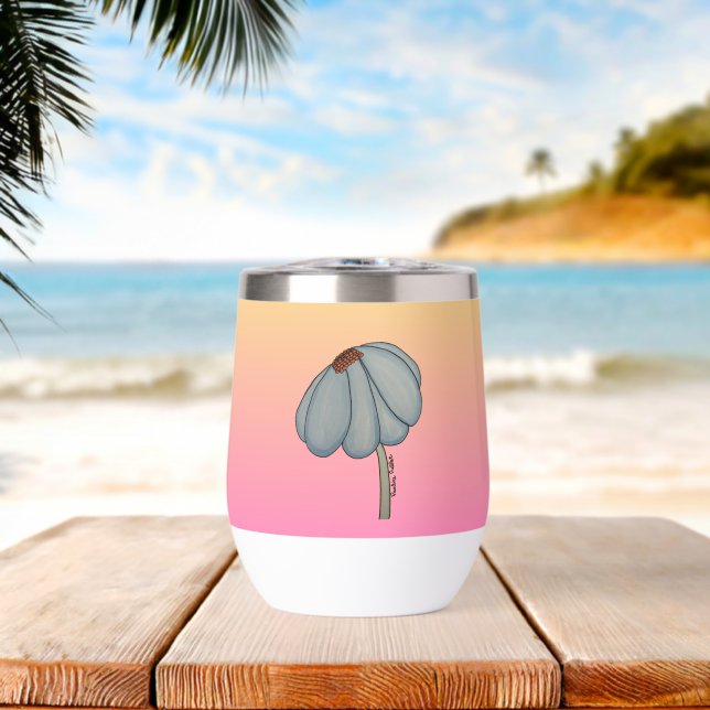 Blue flower with pink background thermal wine tumbler (Beach (Rotated))