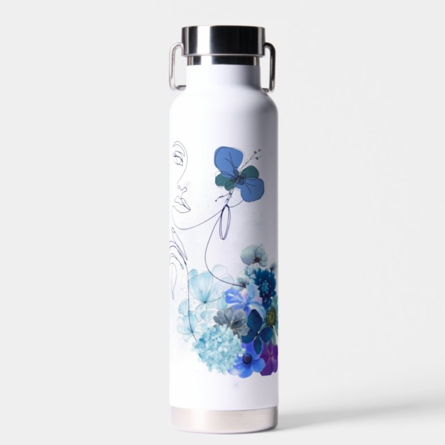 Blue Flower Woman Water Bottle (Front)
