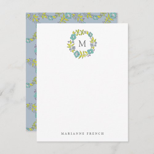 Blue Flower Wreath Monogram Personal Stationery Invitation