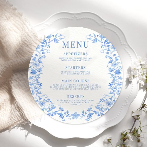 Blue flower wreath round wedding Menu Card Plate