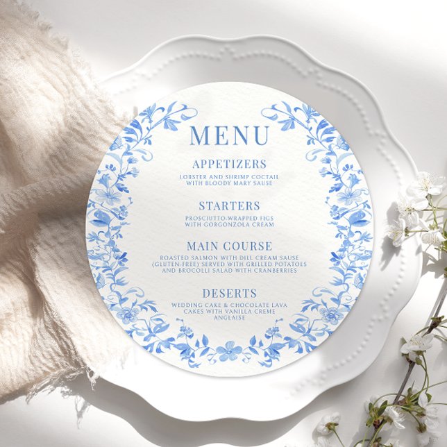 Blue flower wreath round wedding Menu Card Plate (Creator Uploaded)