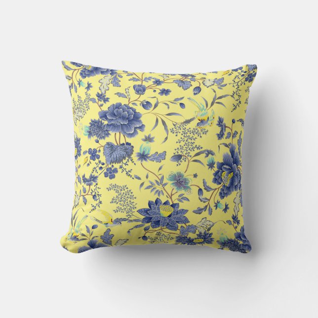 Blue Flower Yellow Throw Pillow (Front)