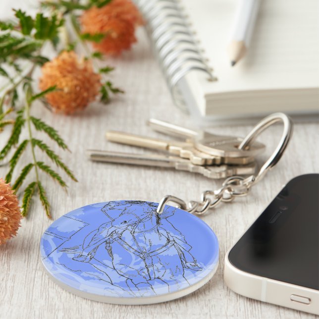 Blue Flowered Barrel Racer (customize) ~ Round Keychain (Front Right)