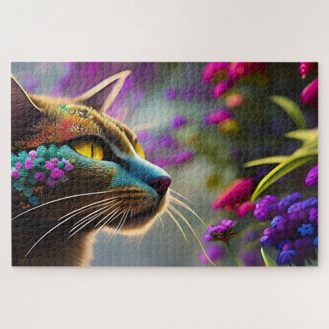Blue flowered calico cat, Fantasy Jigsaw Puzzle (Horizontal)