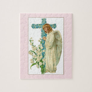 Blue Flowered Christian Cross Jigsaw Puzzle