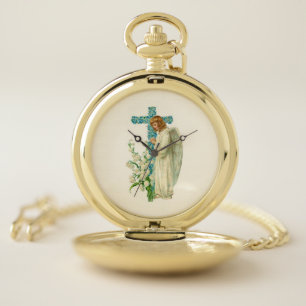 Blue Flowered Christian Cross Pocket Watch