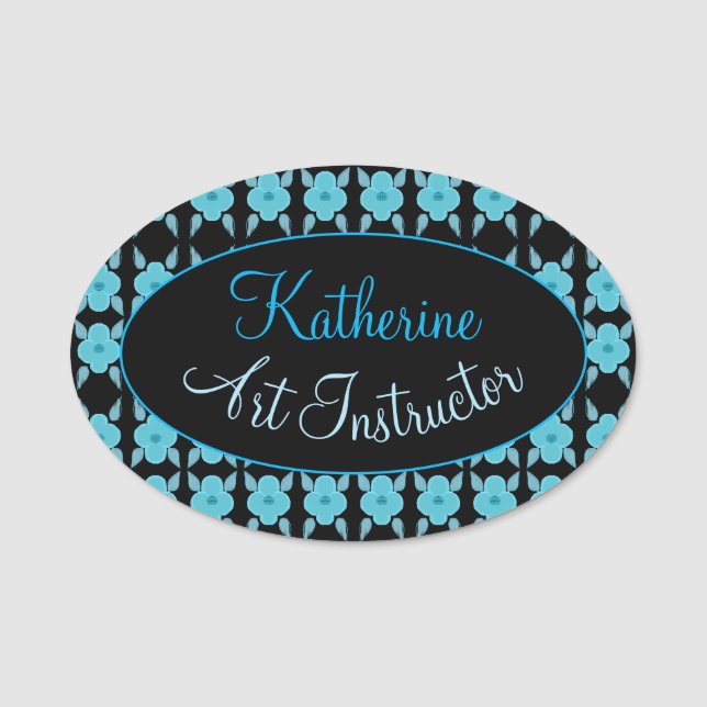 Blue Flowered Personalized Name Tag (Front)