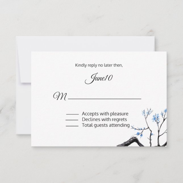 Blue Flowering Branch Wedding RSVP Card (Front)