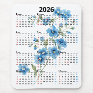 Blue Flowers 2026 Calendar On White Mouse Pad