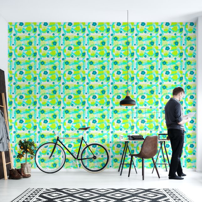 Blue Flowers Abstract Pattern Wallpaper (Living Room)
