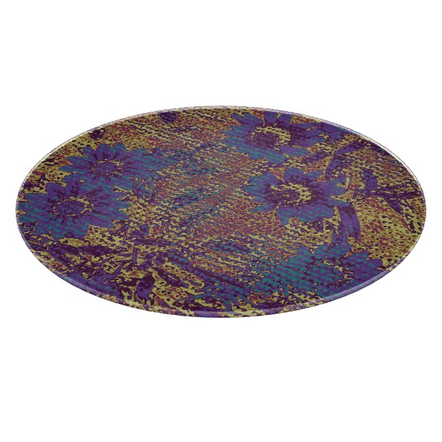 Blue flowers against leaf camouflage pattern cutting board (Corner)
