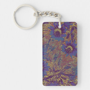 Blue flowers against leaf camouflage pattern keychain