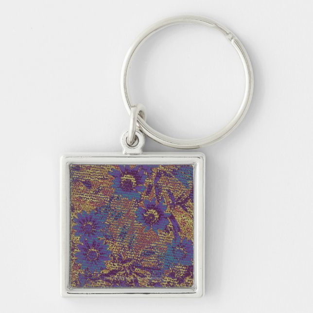Blue flowers against leaf camouflage pattern keychain (Front)