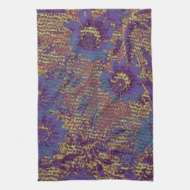 Blue flowers against leaf camouflage pattern kitchen towel (Vertical)