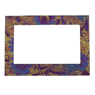 Blue flowers against leaf camouflage pattern magnetic picture frame