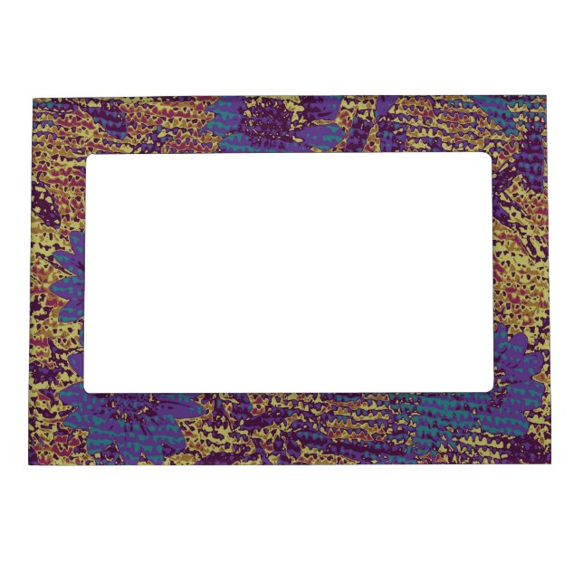 Blue flowers against leaf camouflage pattern magnetic picture frame (Front)