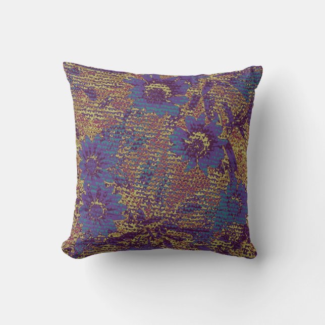 Blue flowers against leaf camouflage pattern throw pillow (Front)