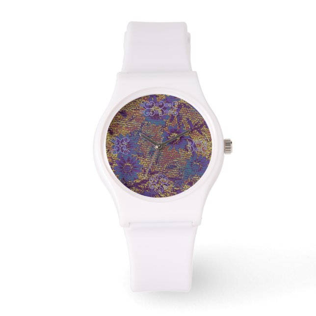 Blue flowers against leaf camouflage pattern watch (Front)