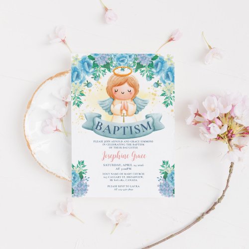 Blue Flowers and Angel Baptism Invitation