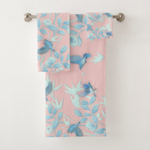 blue flowers and bird ,Background light rose color Bath Towel Set