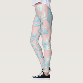 blue flowers and bird ,Background light rose color Leggings