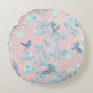 blue flowers and bird ,Background light rose color Round Pillow