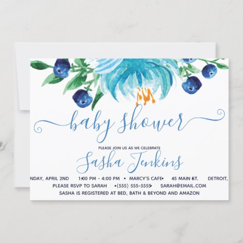 Blue Flowers and Blueberries Baby Shower  Invitation