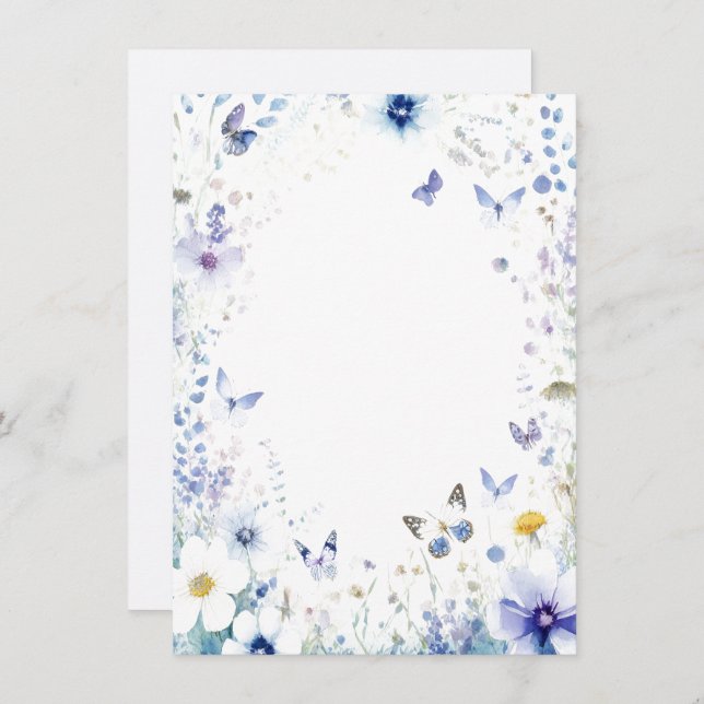 Blue flowers and butterflies blank wedding invitation (Front/Back)