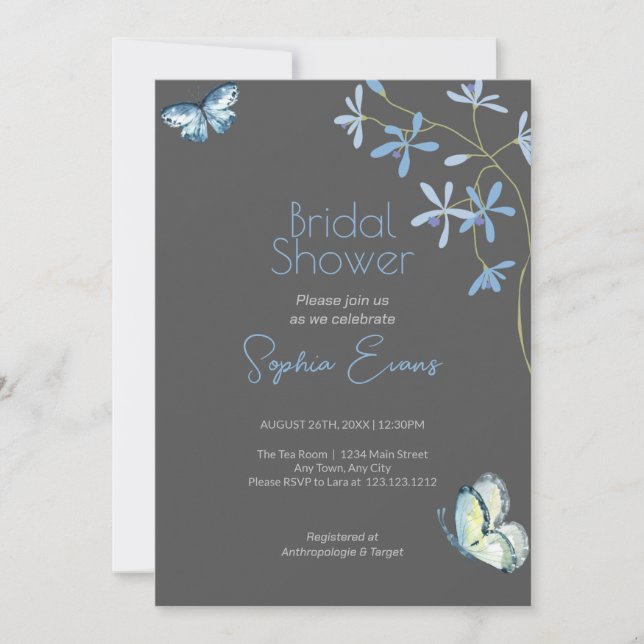 Blue Flowers and Butterflies Gray Bridal Shower Invitation (Front)