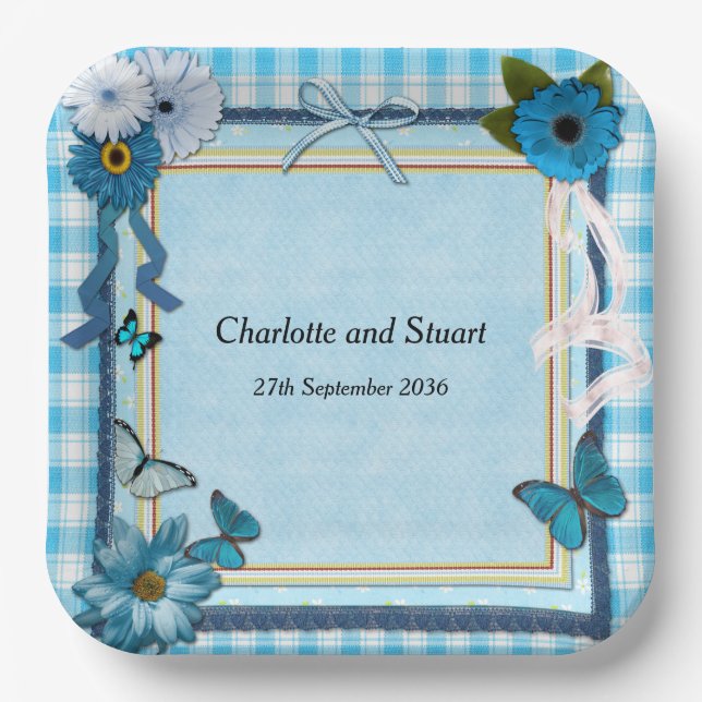 Blue Flowers and Butterflies Paper Plates (Front)