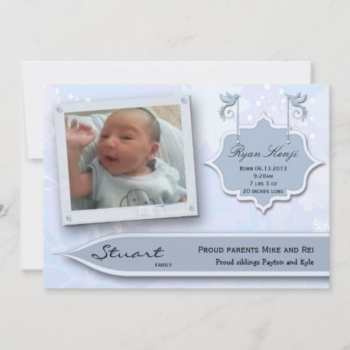 Blue Flowers And Doves New Baby Announcement