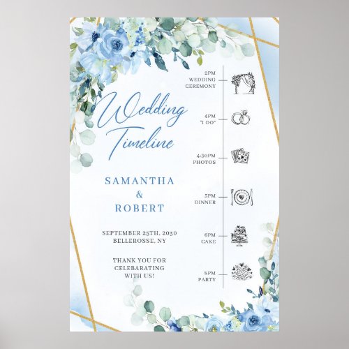 Blue flowers and eucalyptus gold wedding Timeline Poster