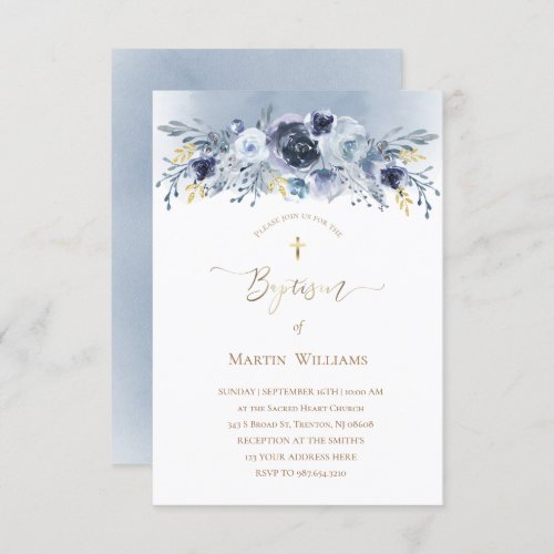 blue flowers and faux foil details  Baptism Invitation