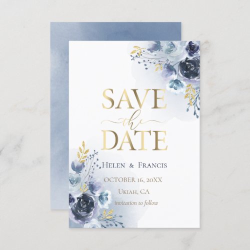 blue flowers and faux gold details save the date invitation