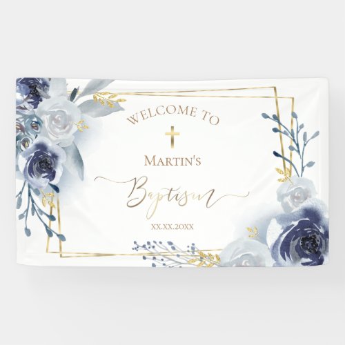 blue flowers and faux gold foil Baptism Banner