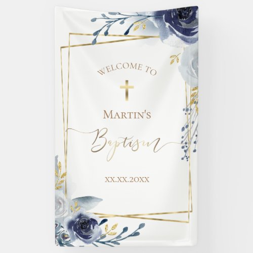 blue flowers and faux gold foil details  Baptism  Banner