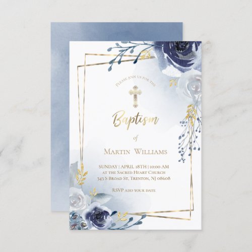  blue flowers and faux gold foil frame  Baptism  Invitation
