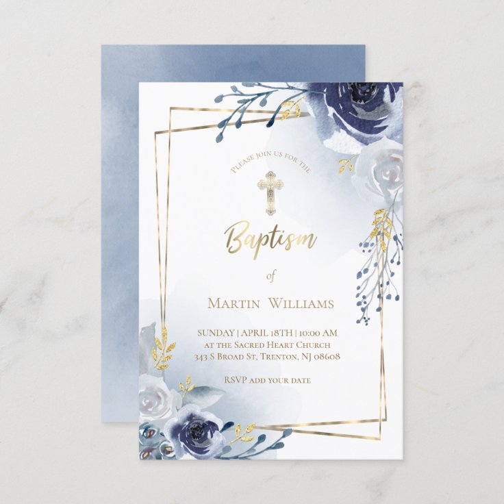 blue flowers and faux gold foil frame | Baptism Invitation | Zazzle