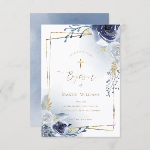 blue flowers and faux gold foil frame  Baptism Invitation