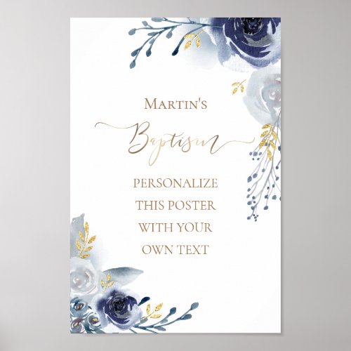 blue flowers and faux gold foil frame  Baptism Poster