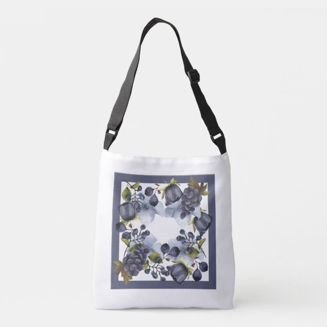 Blue flowers and fruits in frame crossbody bag (Back)