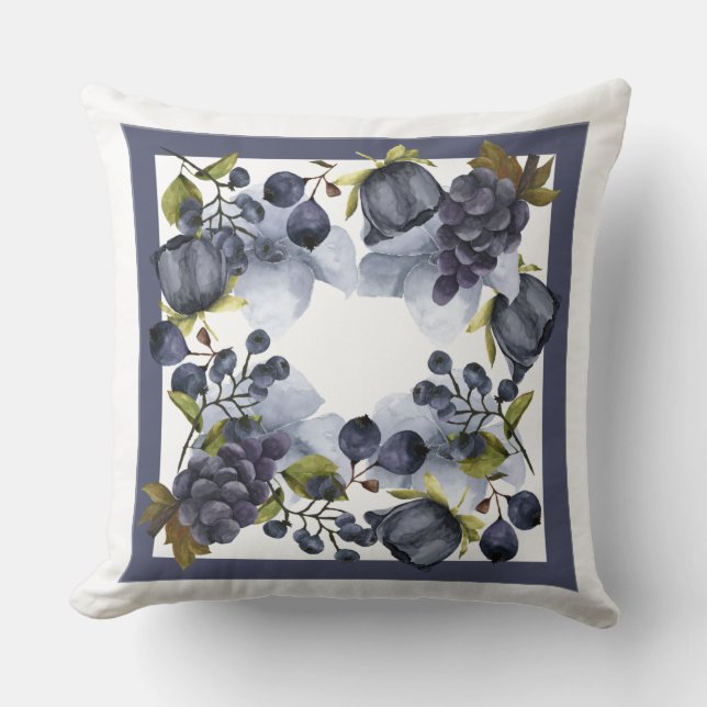 Blue flowers and fruits in frame throw pillow (Front)