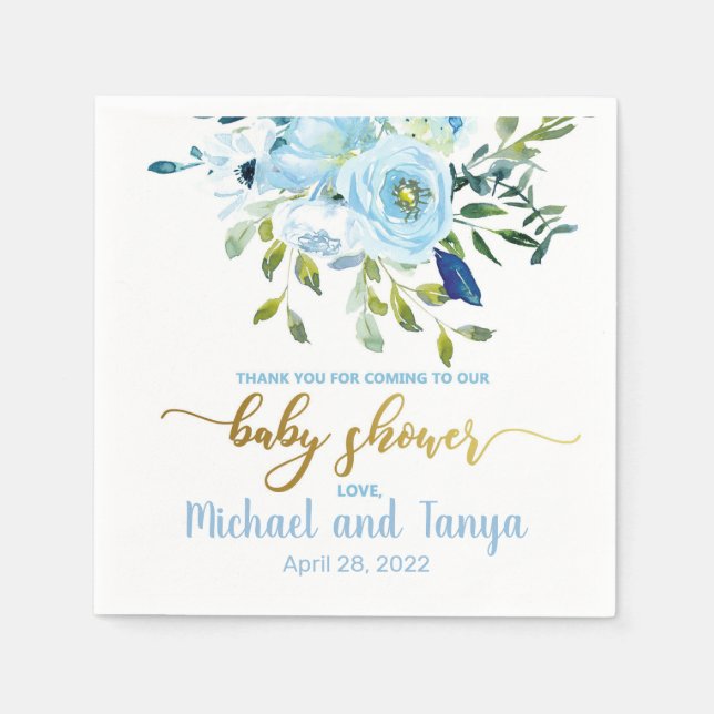 Blue flowers and gold accents baby shower napkins. napkins (Front)