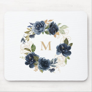 Blue Flowers and Gold Foil Leaves Wreath Monogram Mouse Pad